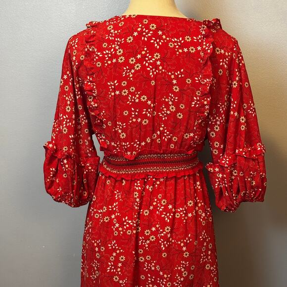 Max Studio Red Floral Tiered Ruffle V-Neck Blouson Sleeve Midi Dress XS Boho - Picture 4 of 7